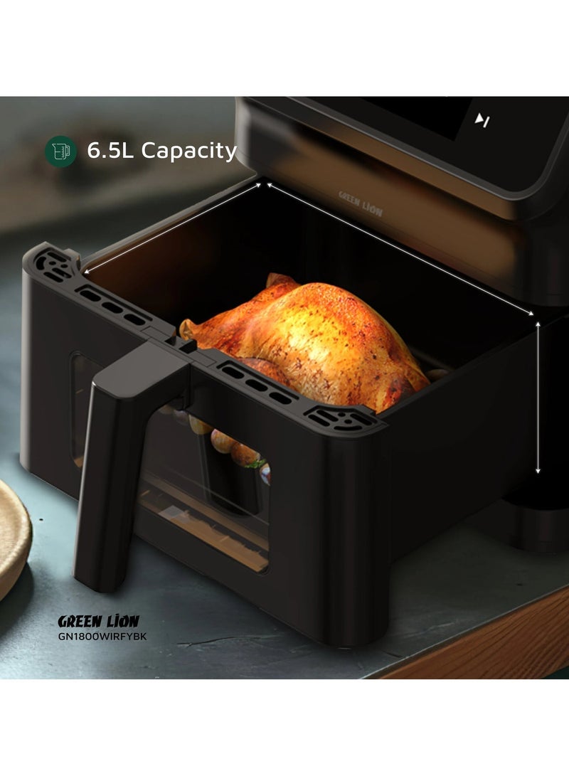 جرين ليون مقلاة هوائية ذكية سعة 6.5 لتر مع 12 برنامجًا محددًا مسبقًا ودوران هواء سريع 1800 وات / وصفات مثبتة / واي فاي / وظيفة مؤقت / شاشة لمس TFT / طهي بدون زيت / طلاء غير لاصق / وقت قلي 0-60 دقيقة - أسود - Image 5